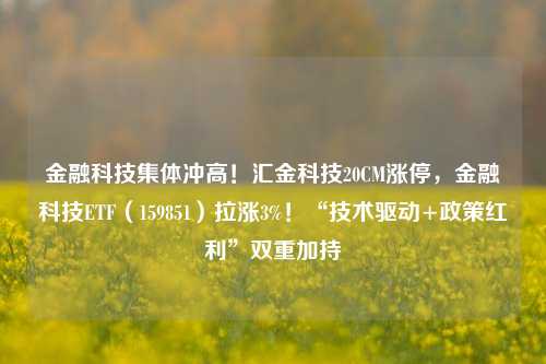 金融科技集体冲高！汇金科技20CM涨停，金融科技ETF（159851）拉涨3%！“技术驱动+政策红利”双重加持